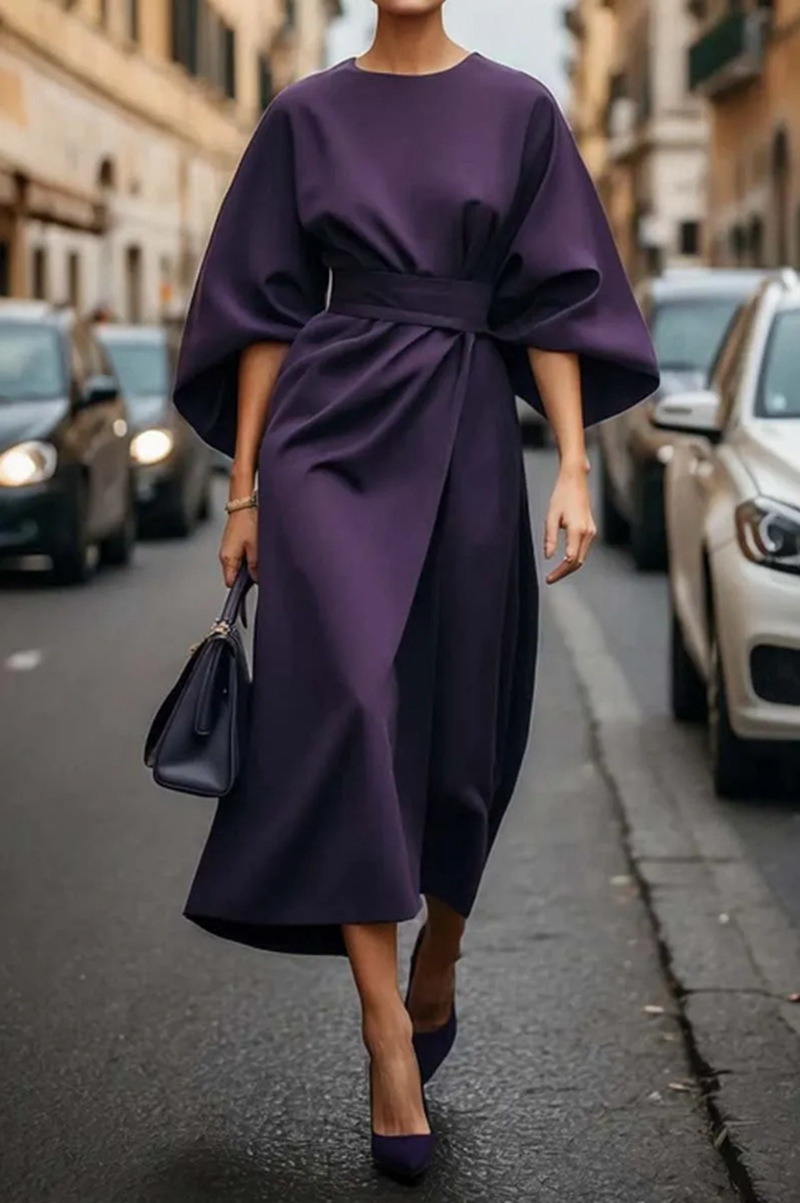 2025 Foreign Trade Women's Clothing, European and American Cross-border Fashion, Elegant Solid Color Waist-cinching Dress, Casual Batwing Sleeve Long Skirt - Image 15