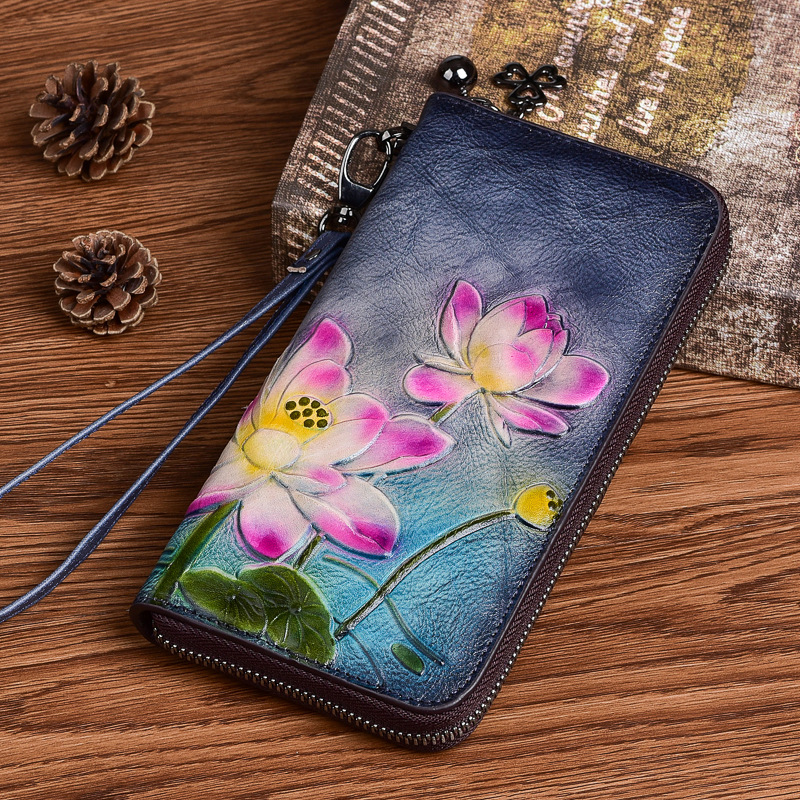Wallet women Chinese style long small hand bag first layer cowhide zipper mobile phone bag embossed retro color coin purse - Image 4