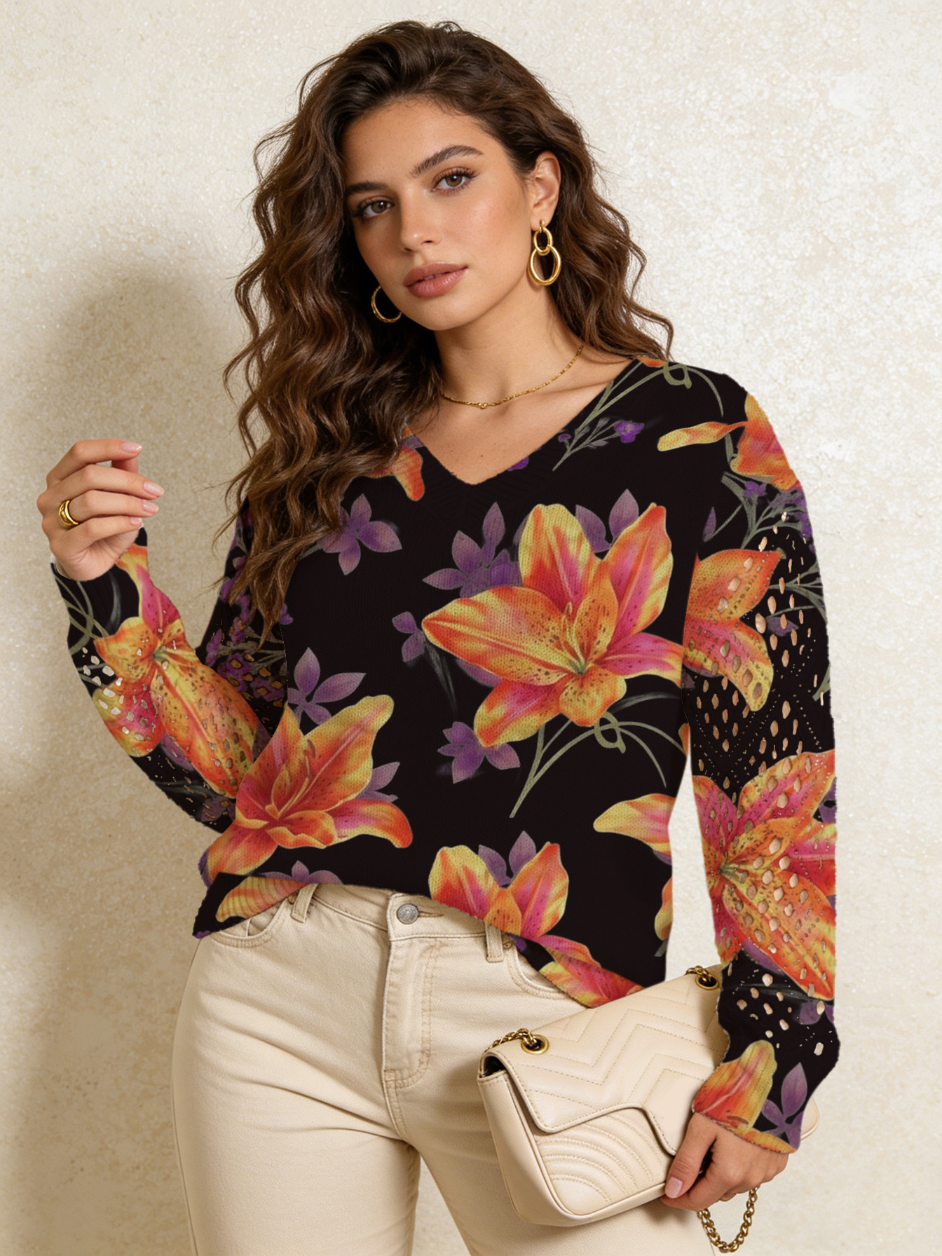 Cross-border AliExpress V-neck printed T-shirt, spring/summer T-shirt, retro pastoral style, all-over floral print, loose casual wholesale. - Image 18