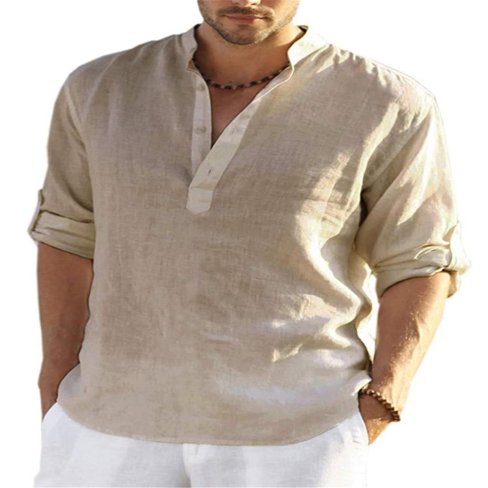2023 Independent Station foreign trade men's casual cotton and linen solid color long-sleeved shirts loose stand-up collar shirts for men in stock - Image 15