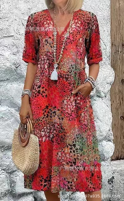 2025 European and American Fashion Cross-border New Casual Vacation Long Dress with Pockets and Lace Trim V-neck Short Sleeve Dress for Women - Image 9