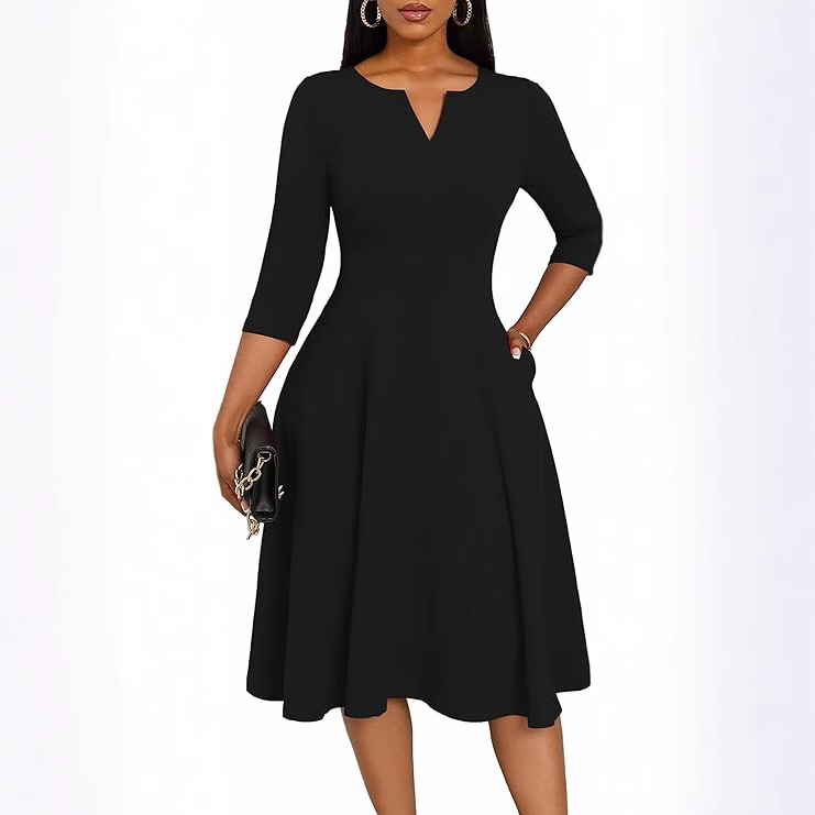 Amazon Midi Dress, Fitted Flare Dress, Three-Quarter Sleeve Wedding Guest Dress - Image 4