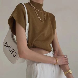 Summer half turtleneck vest for women thin waistcoat vest outer wear short knitted top loose slim short-sleeved T-shirt