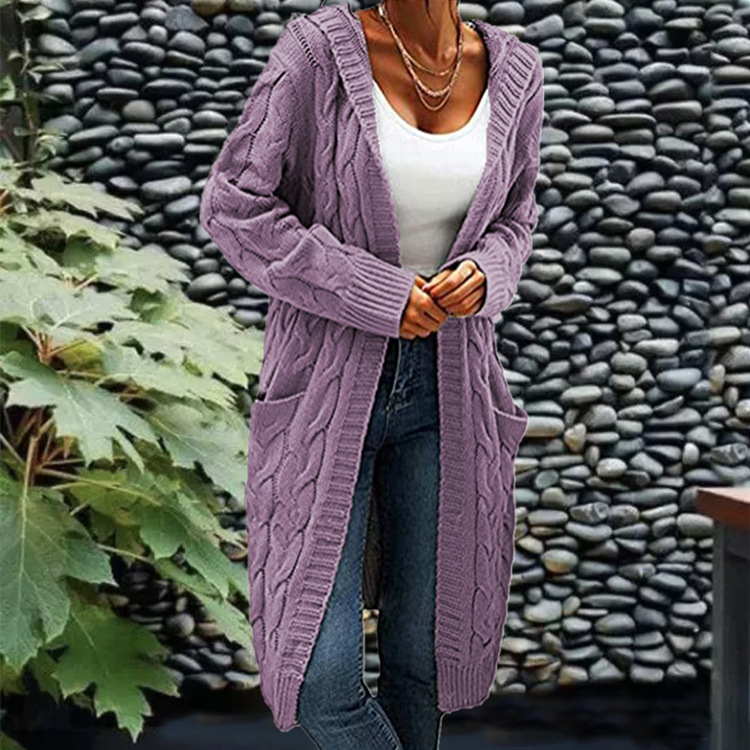 New cross-border e-commerce product, European and American foreign trade, Amazon, solid color loose knitted cardigan, chunky cable knit mid-length sweater coat for women. - Image 17