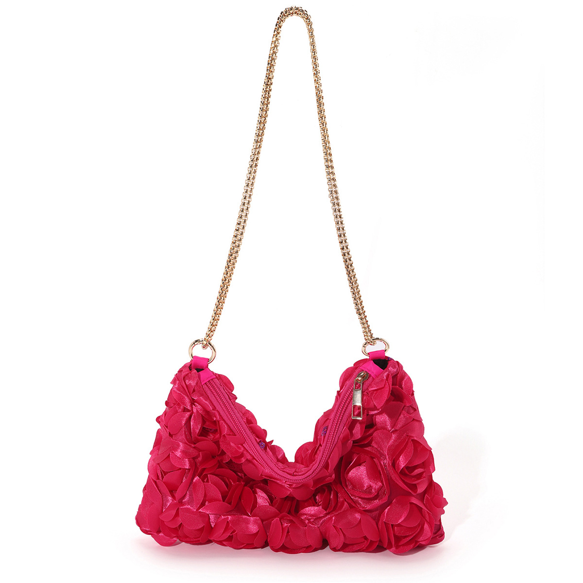 Spot European and American cross-border niche three-dimensional rose flower sequin satin chain zipper underarm crescent female evening bag - Image 6