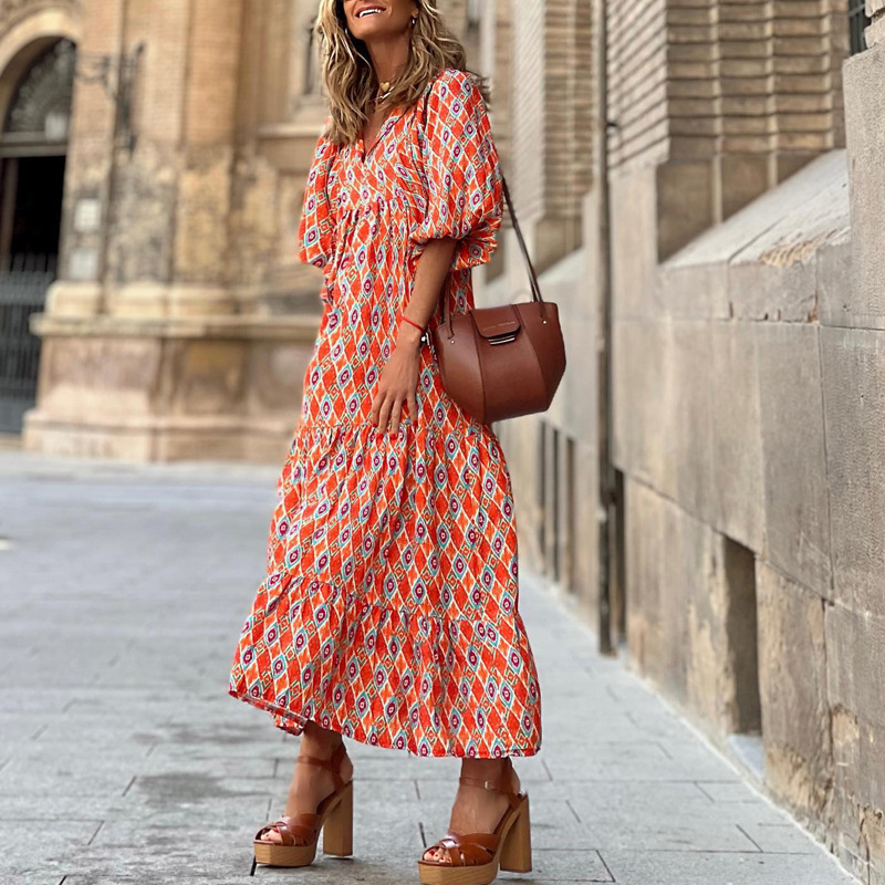 Cross-border European and American plus-size ladies loose-fitting Bohemian round-neck lantern-sleeve sweet girl dress - Image 4