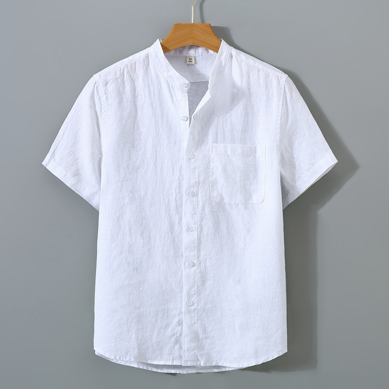 Summer linen short-sleeved shirt for middle-aged men's business casual pure linen pocket shirt loose cardigan half-sleeved linen clothing - Image 28