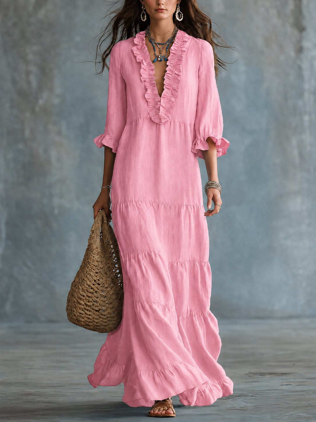 European and American cross-border Amazon TK women's bohemian V-neck layered casual flowy long ruffle dress - Image 9