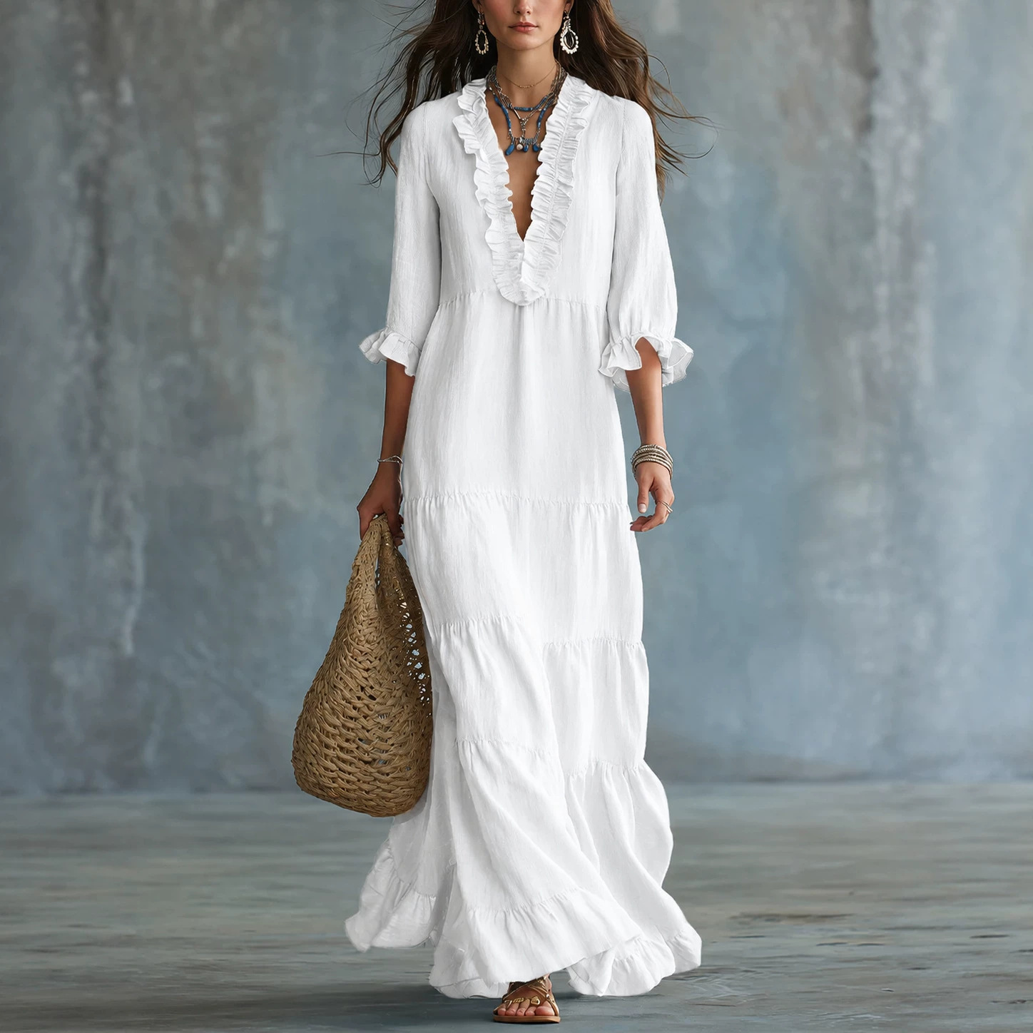 European and American cross-border Amazon TK women's bohemian V-neck layered casual flowy long ruffle dress - Image 2