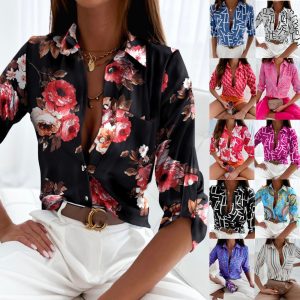 2023 European and American foreign trade women's clothing cross-border spring and autumn tops independent station Amazon long-sleeved shirt printed shirt women