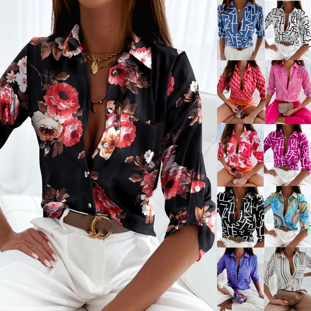 2023 European and American foreign trade women's clothing cross-border spring and autumn tops independent station Amazon long-sleeved shirt printed shirt women