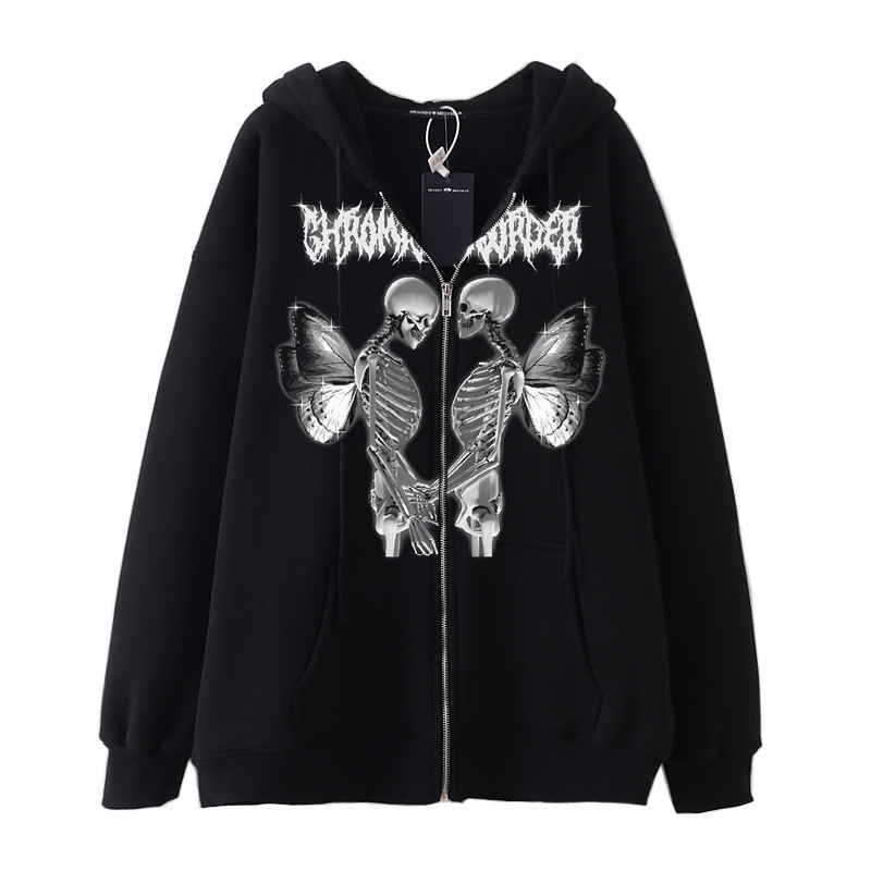 New arrival Skull Wings Hooded Zipper Sweatshirt Women Korean Style Plus Velvet Thickened Loose Sports Cardigan Sweatshirt Women - Image 17