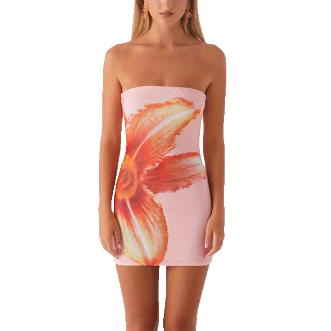 2025 European and American cross-border best-selling summer sexy women's strapless floral print slim-fit bodycon short dress - Image 5