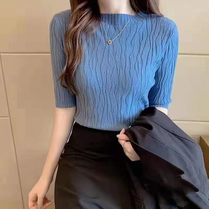 Short-sleeved bottoming shirt women's clothing 2023 summer new casual foreign style slim short top with knitted sweater - Image 7