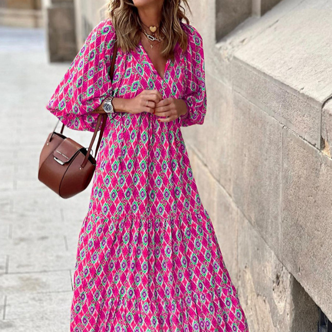 2023 Autumn New Arrival - Hot Selling Geometric Print Puff Sleeve Dress - Street Style Must-Have Plus Size Women's Clothing - Image 4