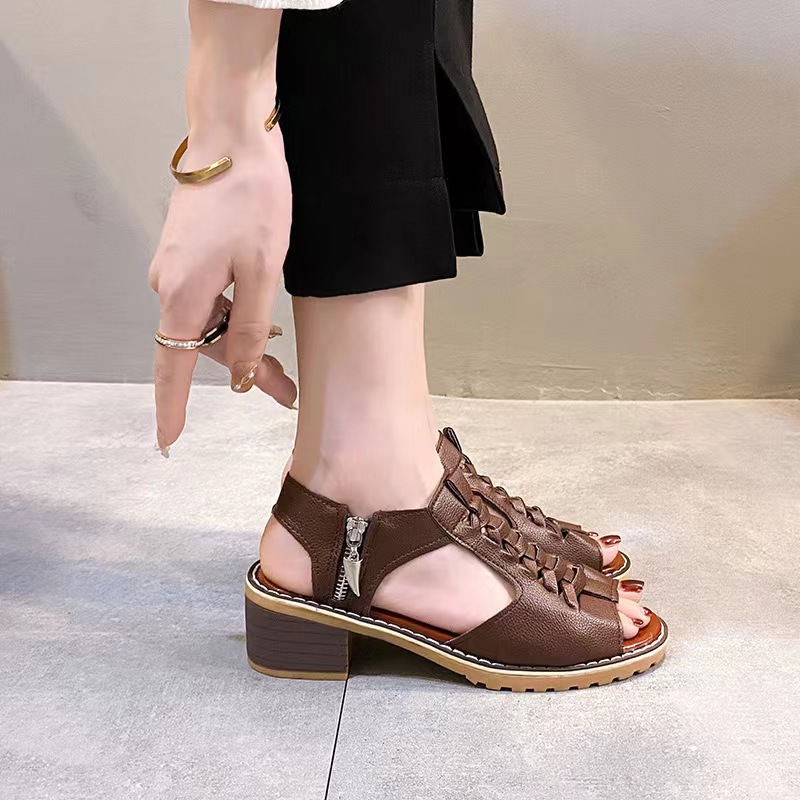 2024 summer new women's shoes Korean style thick heel sandals side zipper casual wedge heel solid color thick heel large size sandals for women - Image 8
