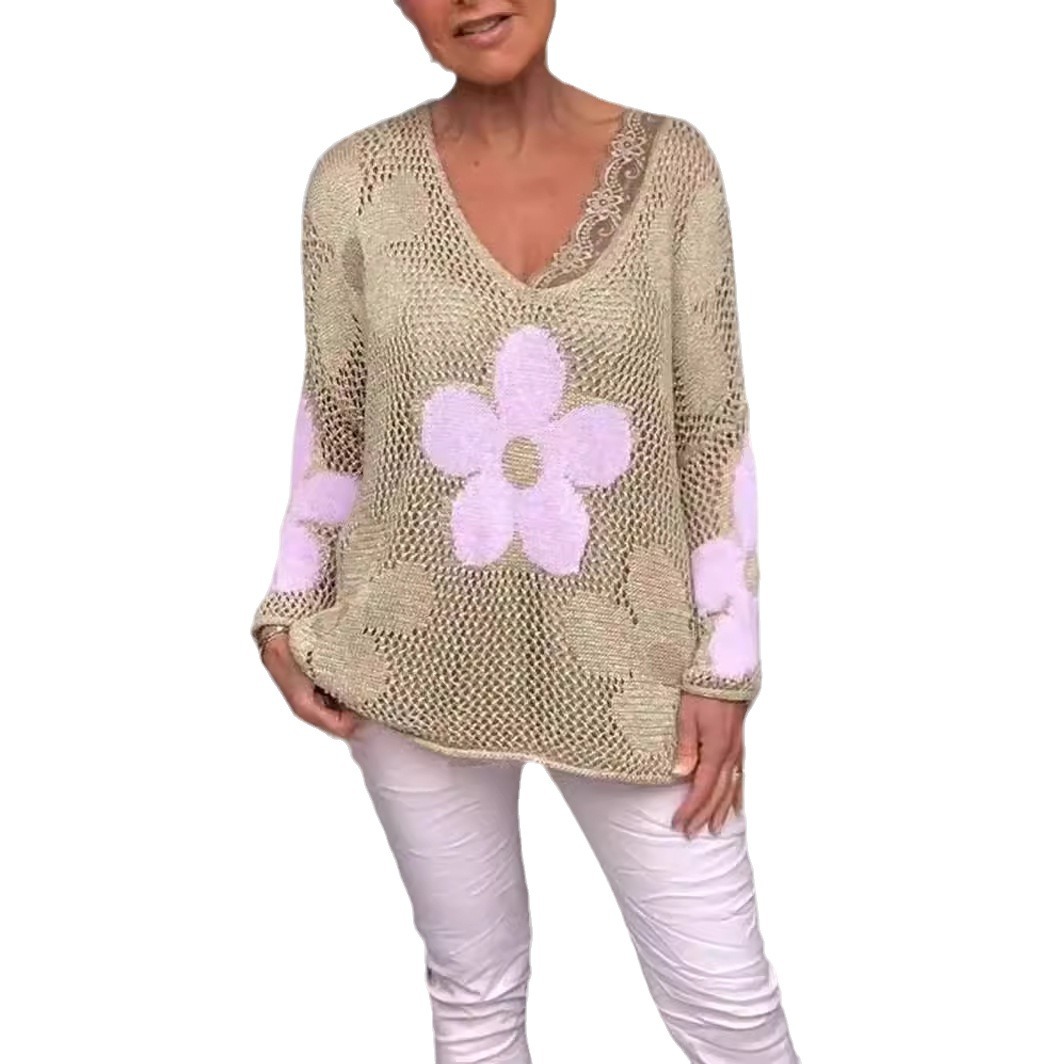 Spot 2024 Spring and Summer New Floral Knitted Hollow V-neck Shirt Flower Grid Knitted Sweater - Image 5