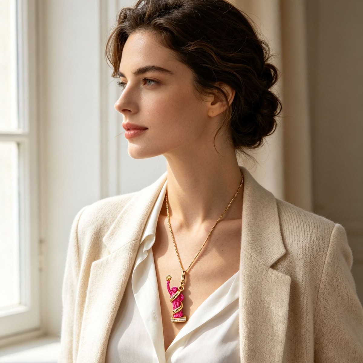 Cross-border pendant, New York Statue of Liberty pendant, diamond-encrusted rose red torch ribbon sculpture necklace, clavicle chain - Image 3