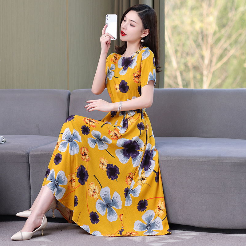 Artificial cotton silk dress women's clothing 2023 summer new middle-aged mother mid-length over-the-knee plus-size loose skirt - Image 4
