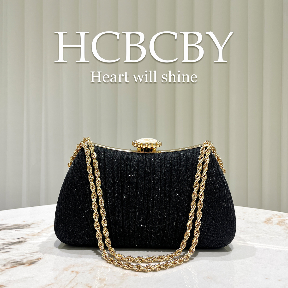 Gold glitter pleated chain decoration handbag evening bag women's fashionable and elegant handbag evening bag - Image 3