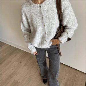 European and American cross-border best-selling versatile soft knit cardigan for women, retro style with shell buttons, grey wool sweater coat, Instagram style.