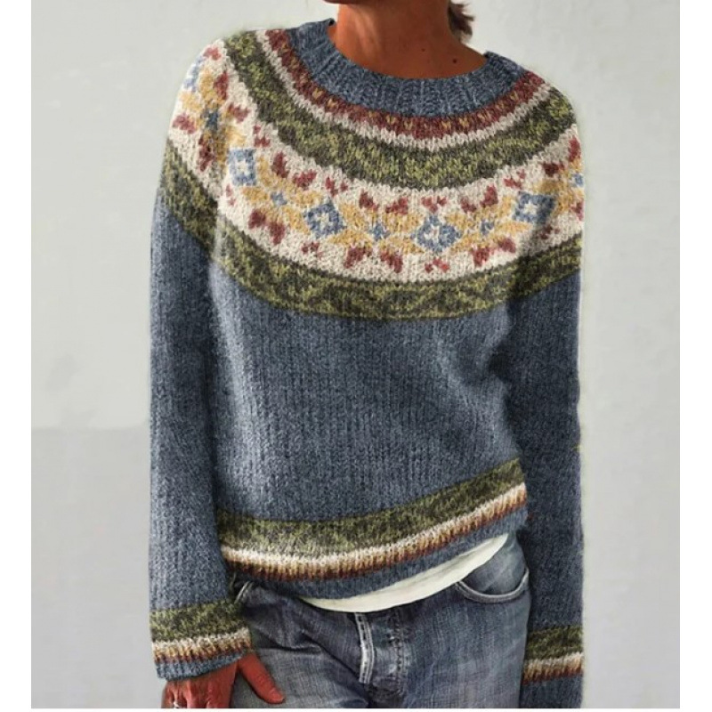 Amazon European and American new sweater women wish hot sale round neck color matching loose fashion pullover sweater - Image 7