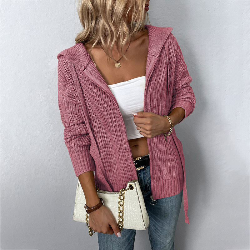 Drizzle Solid Color Hooded Zipper European and American Knitwear Autumn and Winter New Drawstring Pocket Sweater Women's Cardigan Jacket - Image 6