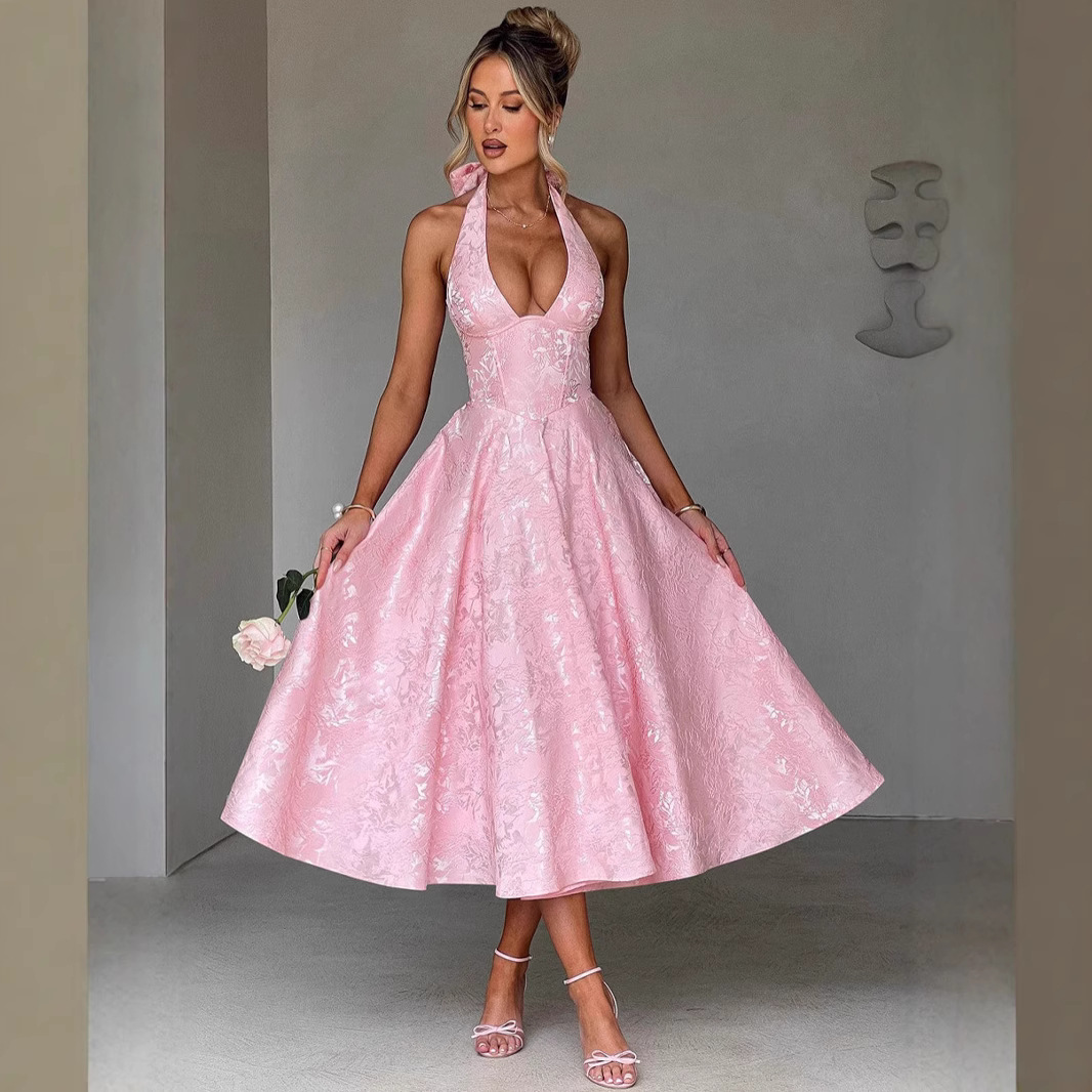 European and American cross-border V-neck halter neck jacquard dress high-end evening dress spring and summer temperament sleeveless backless waist long dress - Image 4