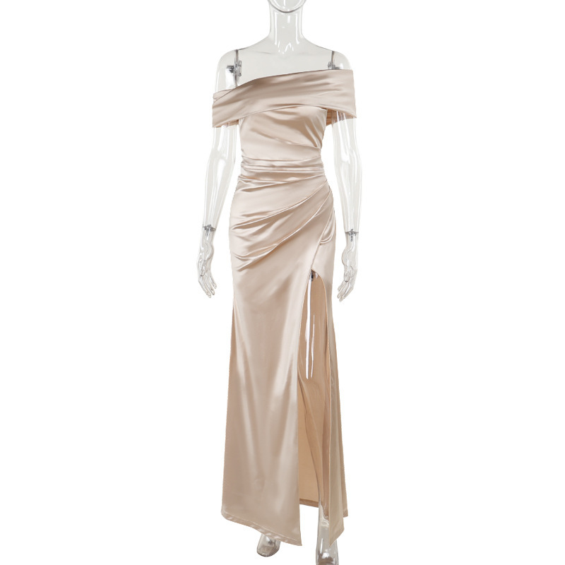 YJ24467 Mercerized One Shoulder Dress Slit Dress Women Celebrity Style Temperament Women's Sexy Slit Long Dress - Image 3