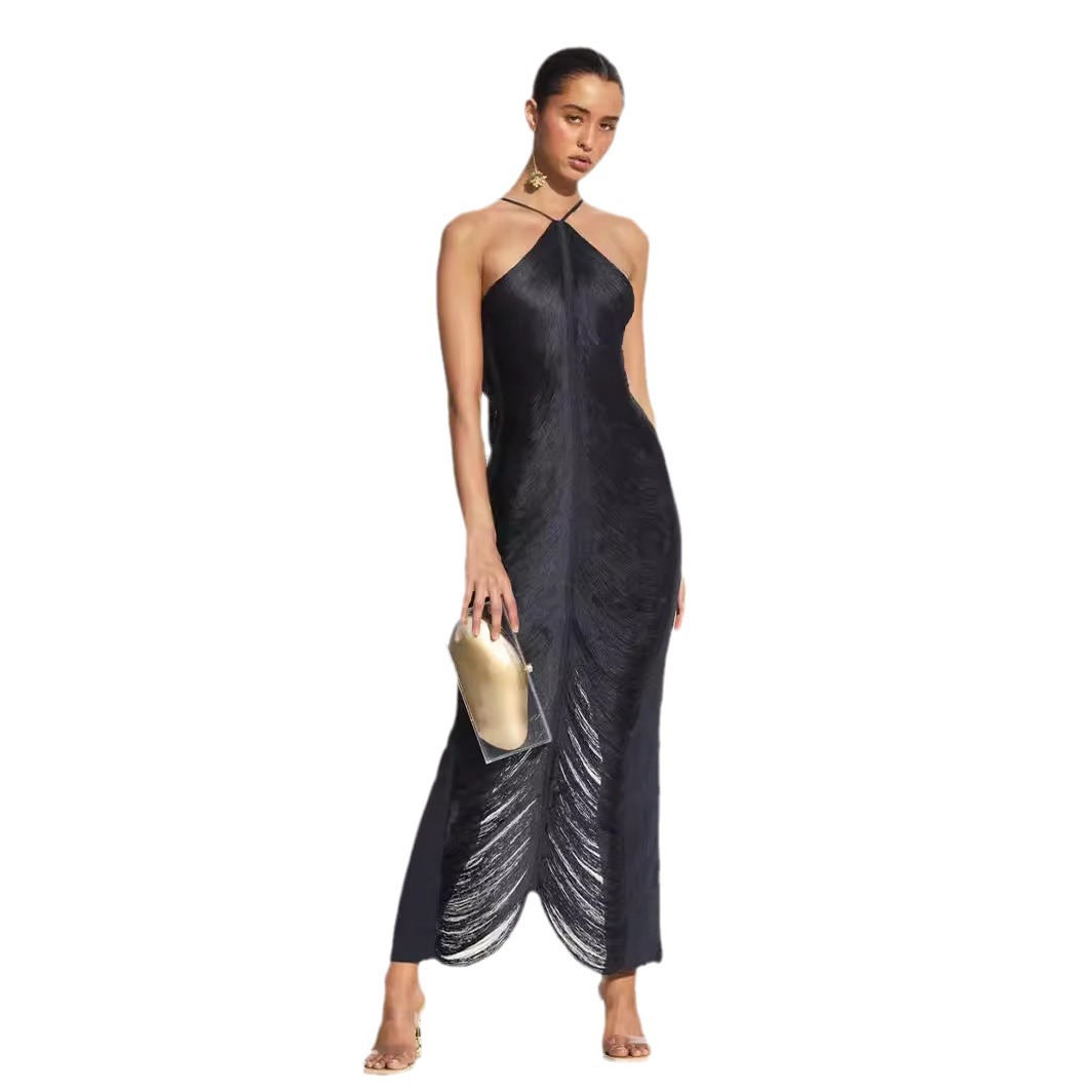 2025 European and American foreign trade cross-border supply fashion tassel back slit halter neck dress light luxury slim fit - Image 5
