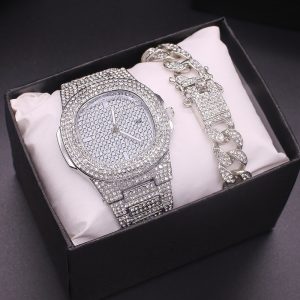 Casual, trendy and personalized large square dial full of diamonds steel band quartz watch + bracelet (2pcs/set)