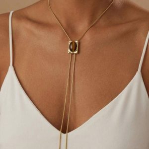 European and American cross-border niche design light luxury fashion clavicle chain adjustable pull-out tiger eye stone necklace high-end jewelry