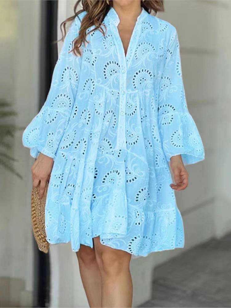 Spot 2023 European and American cross-border spring and summer Amazon solid color V-neck loose embroidery hollow lace dress - Image 9