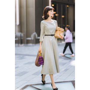 Grey-gray 2025 Spring/Autumn New Long-sleeved Round Neck Dress for Women, Fashionable and Elegant Long Dress