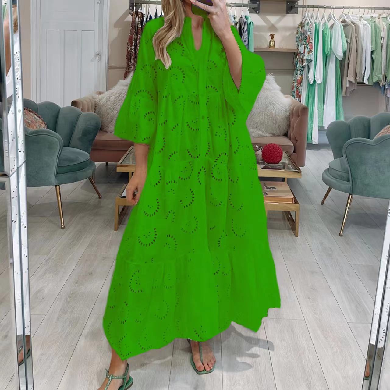 2023 Europe and America Cross Border Summer and Autumn French Style V-neck Bell Sleeve Lace Hollow-out Solid Color Sexy Long Dress for Women - Image 4