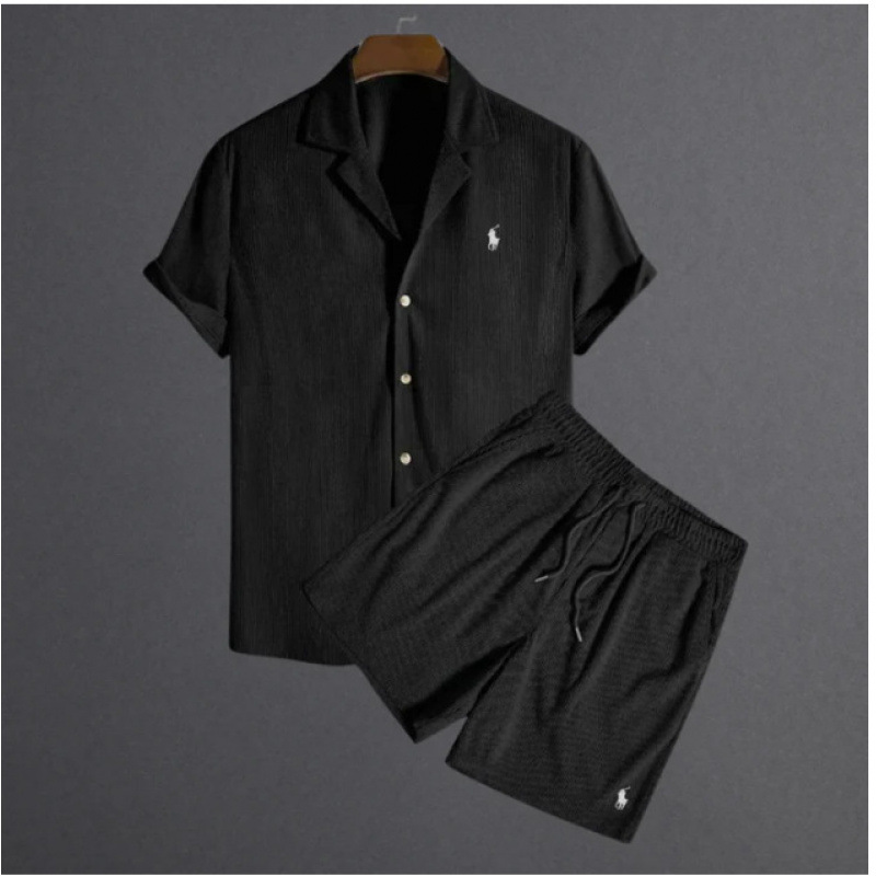 2024 Amazon TEMU hot-selling short-sleeved trendy black and white striped Hawaiian cross-border short-sleeved shirt men's suit - Image 5