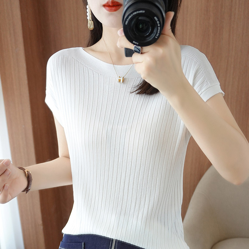 Ice silk knitted sweater women's loose short-sleeved thin t-shirt 2023 summer new inner top with one word collar thin outer wear - Image 7