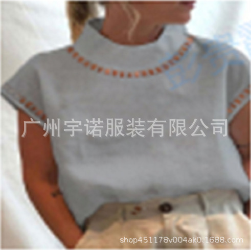 Amazon wish AliExpress 2022 new European and American women's pullover solid color lace slim stand collar shirt - Image 3