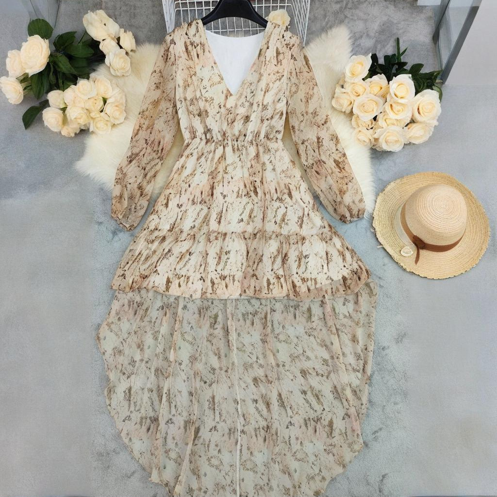 LN1470 In Stock 2025 European and American Women's Bohemian V-neck Irregular Hem Printed Long-sleeved Dress - Image 6