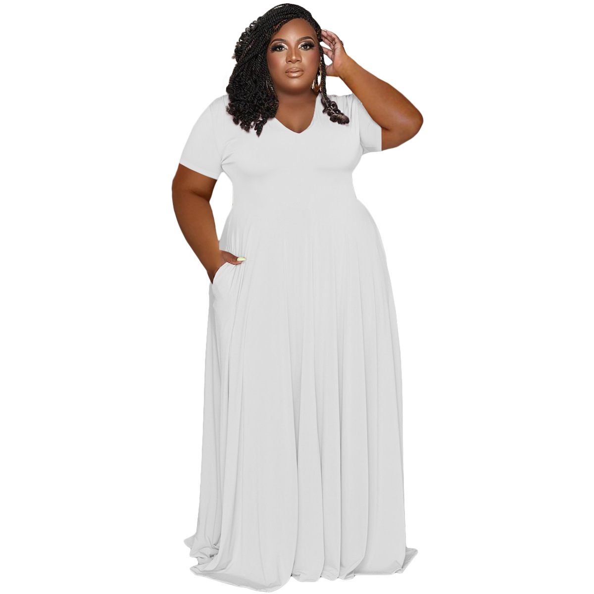 FAGADOER Elegant Solid Plus Size Dress XL-5XL Women Short Sleeve A-line Folding Dress Fashion Casual Clothing Streetwear Robe 2022 - Image 5
