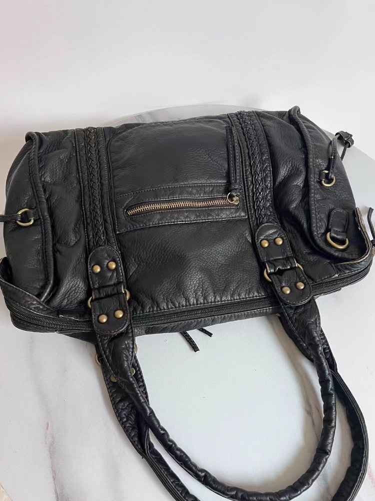 French retro motorcycle bag shoulder messenger bag tote bag large bag women's large capacity bag washed bag soft leather bag European - Image 7