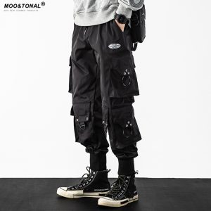 Men's black cargo pants, spring and autumn style, paratrooper casual pants, loose fit, trendy American style windproof pants, tapered cuffs.