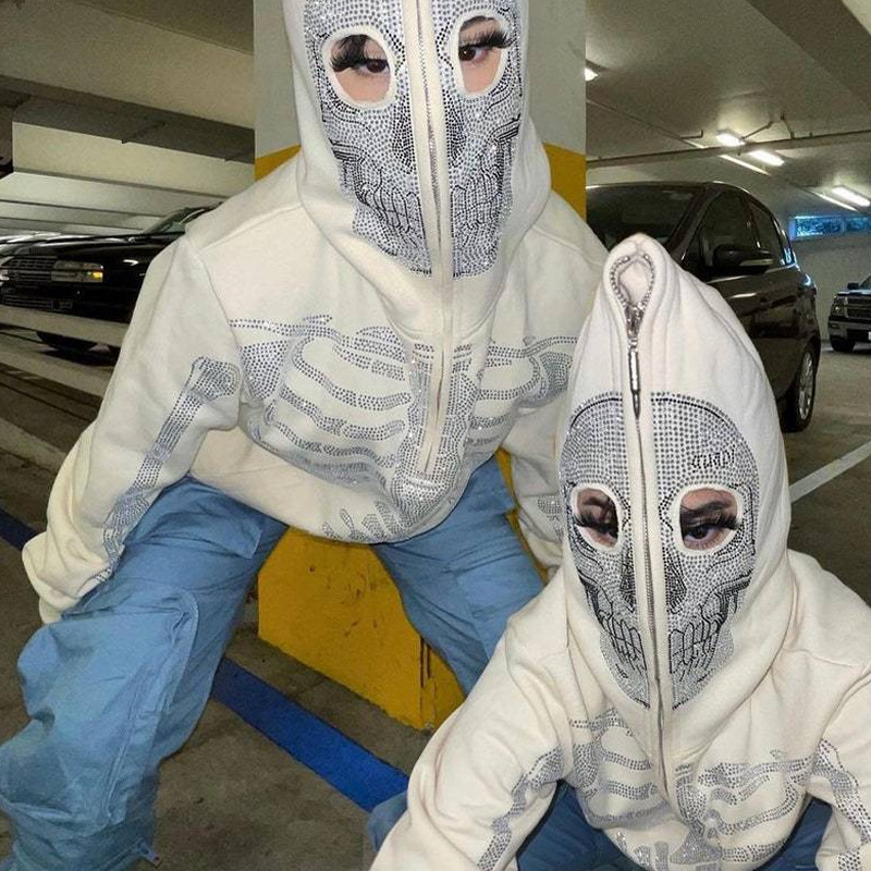 2022 AliExpress New Ladies Street Hoodie Skull Rhinestone Zipper Hooded Hoodie - Image 19