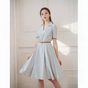 2026 Summer Gray Suit Collar Dress, Formal Business Attire for Commute, Civil Servant Interviews, Professional Dress, French V-neck A-line Skirt