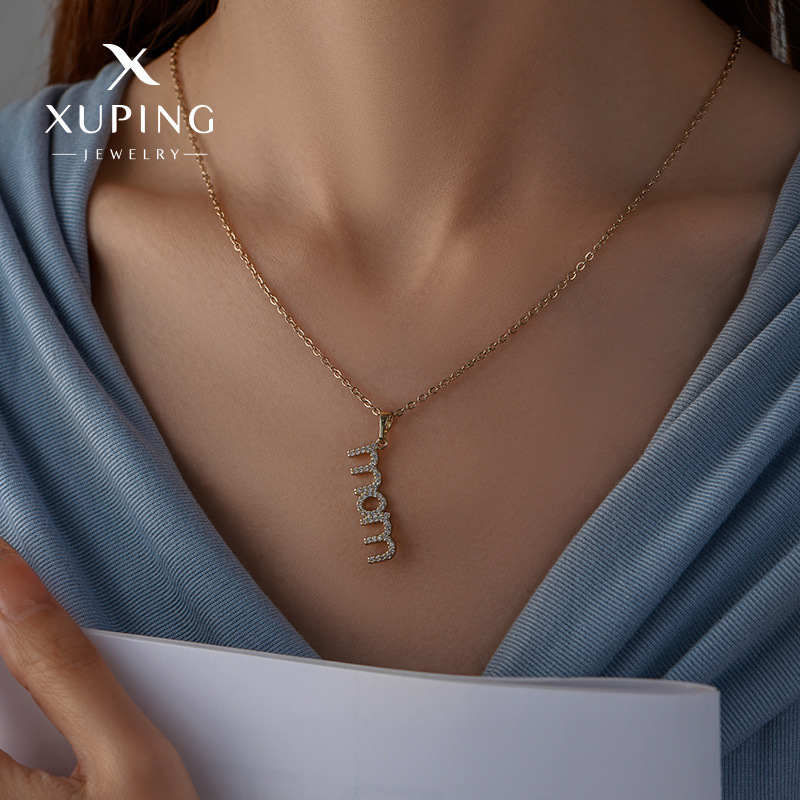 Xuping's new fashionable alloy electroplated 14k color letter pendant necklace with artificial gemstones - a Mother's Day gift. - Image 5