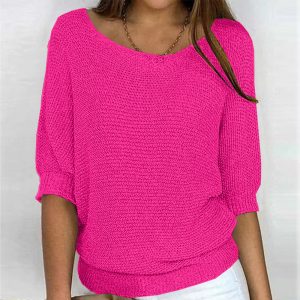 2026 New Russian AliExpress Wish Solid Color Crew Neck Knitted Top Women's Three-Quarter Sleeve Top Air Conditioning Shirt In Stock