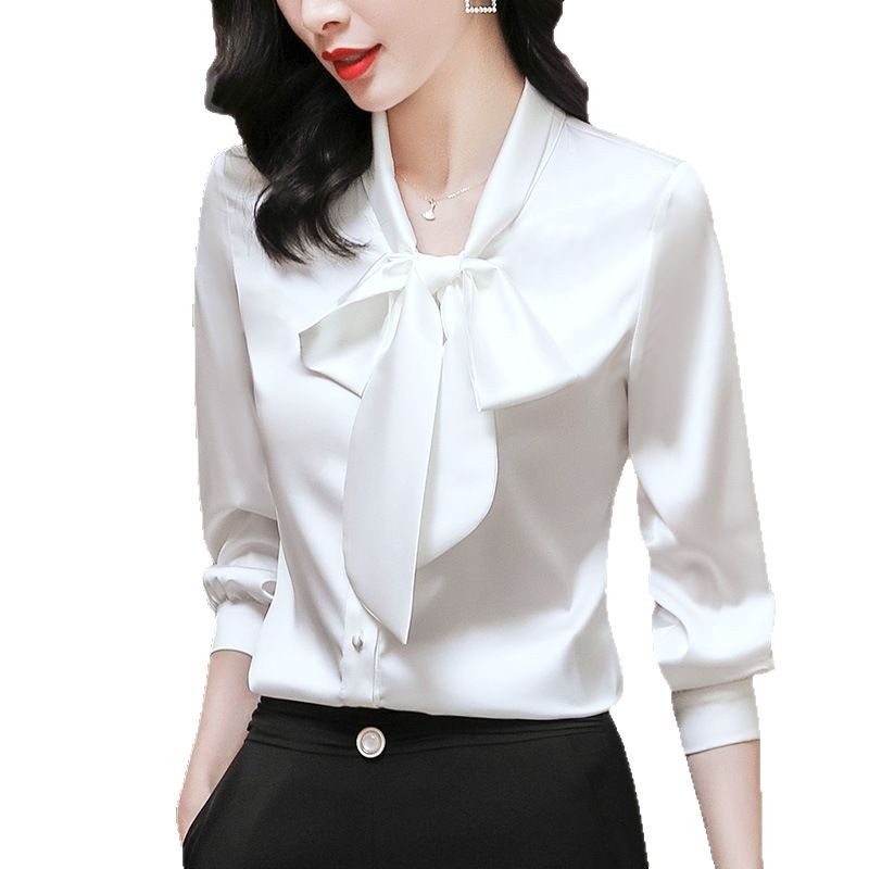 Bow tie single breasted cardigan casual shirt for women spring and autumn temperament solid color long sleeves western-style age-reducing shirt - Image 5
