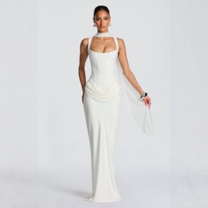 European and American style women's casual long-sleeved slim-fit herringbone pure and sexy suspender long dress slim solid color hip-hugging dress