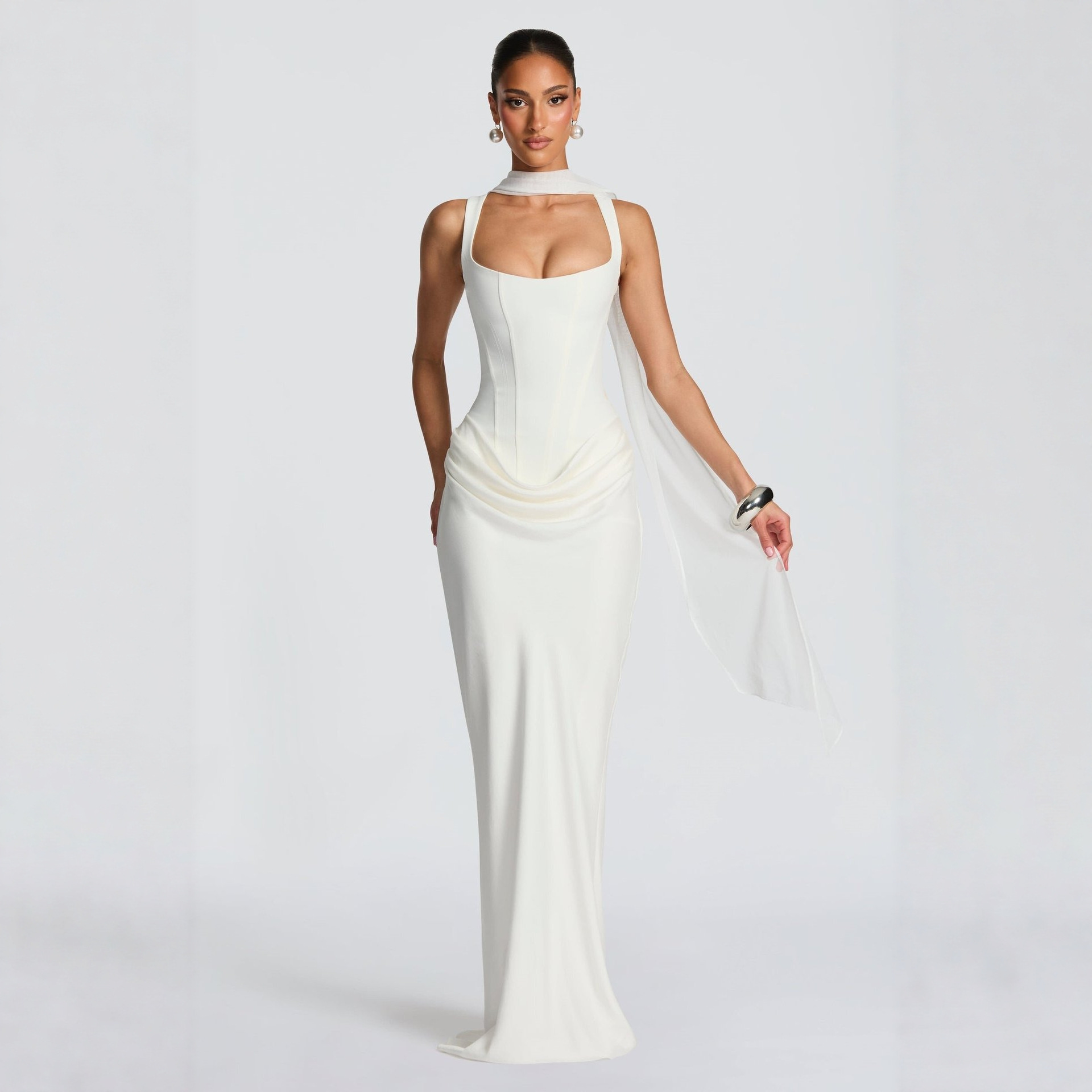 European and American style women's casual long-sleeved slim-fit herringbone pure and sexy suspender long dress slim solid color hip-hugging dress