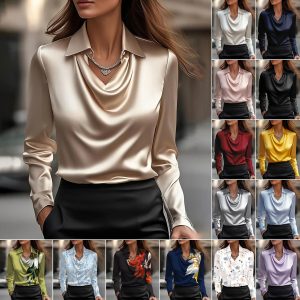 15 colors, 6 sizes, in stock, 2025 independent website, Wish, Amazon export style, simple draped collar shirt for women.